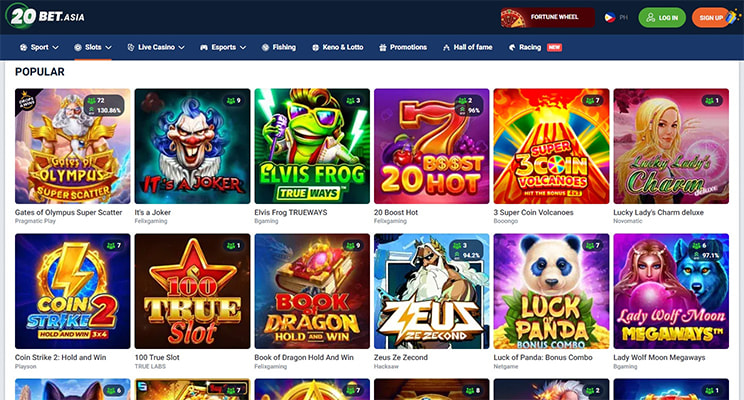 20Bet Asia casino homepage showing popular slots including Gates of Olympus, Elvis Frog TrueWays and Book of Dragon