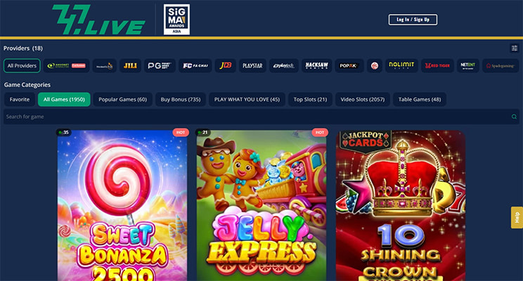 747 Live casino games lobby showing Sweet Bonanza 2500, Jelly Express and 10 Shining Crown slots
