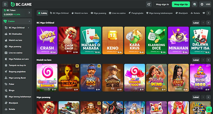 BC.Game online casino Filipino interface showing original games including Crash, Keno and Dice alongside popular slots