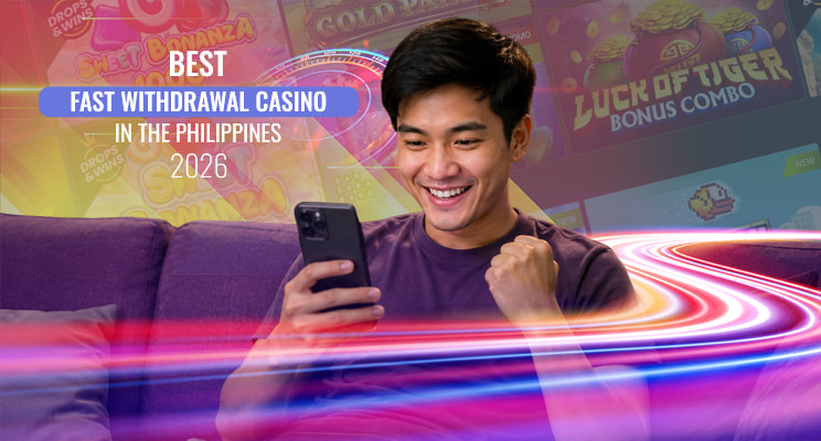 Excited Filipino player celebrating a win on his mobile phone with the text Best Fast Withdrawal Casino in the Philippines 2026 overlaid on a vibrant casino background featuring Sweet Bonanza and Luck of Tiger slots