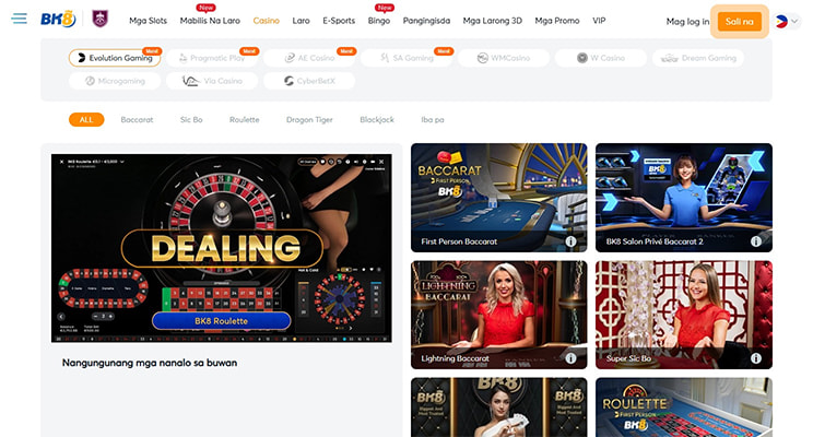 BK8 Philippines live casino lobby featuring Baccarat, Roulette and Sic Bo tables from Evolution Gaming and Pragmatic Play