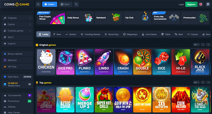 Coins.Game casino lobby showing original games including Chicken, Plinko, Crash and Limbo alongside top slots