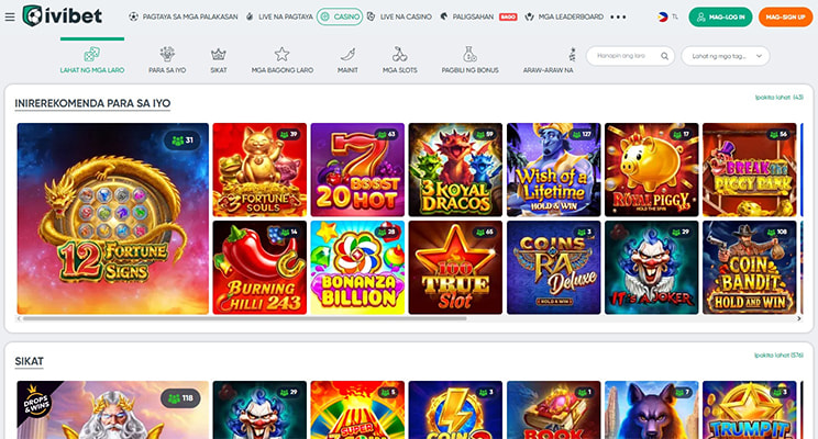 IviBet Philippines casino homepage showing recommended slots including 12 Fortune Signs, Burning Chilli 243 and Bonanza Billion