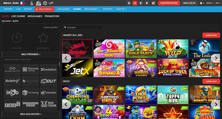 MegaPari Philippines slots lobby featuring Aviator, Sweet Bonanza 1000, Gold Party and JetX games