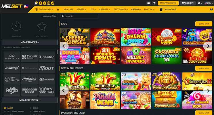 Melbet Philippines casino slots page showing new games and Best in Philippines section featuring SuperAce and Pinata Wins