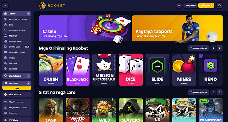 Roobet casino homepage showing original games including Crash, Blackjack, Dice, Mines and Keno alongside popular slots